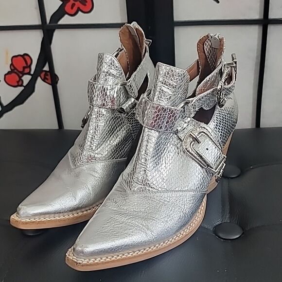 Free People x Jeffery Campbell Silver Icon Western Cut Out Ankle Boots - Picture 2 of 8